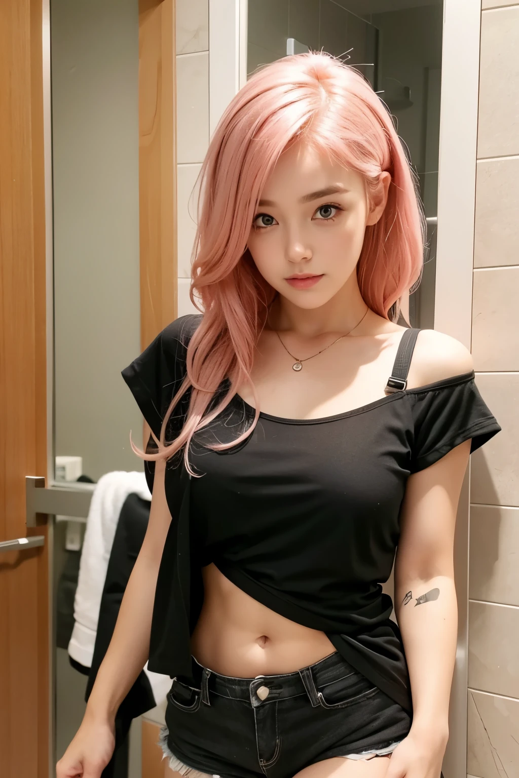 girl, pink hair, black top and shorts, in bathroom