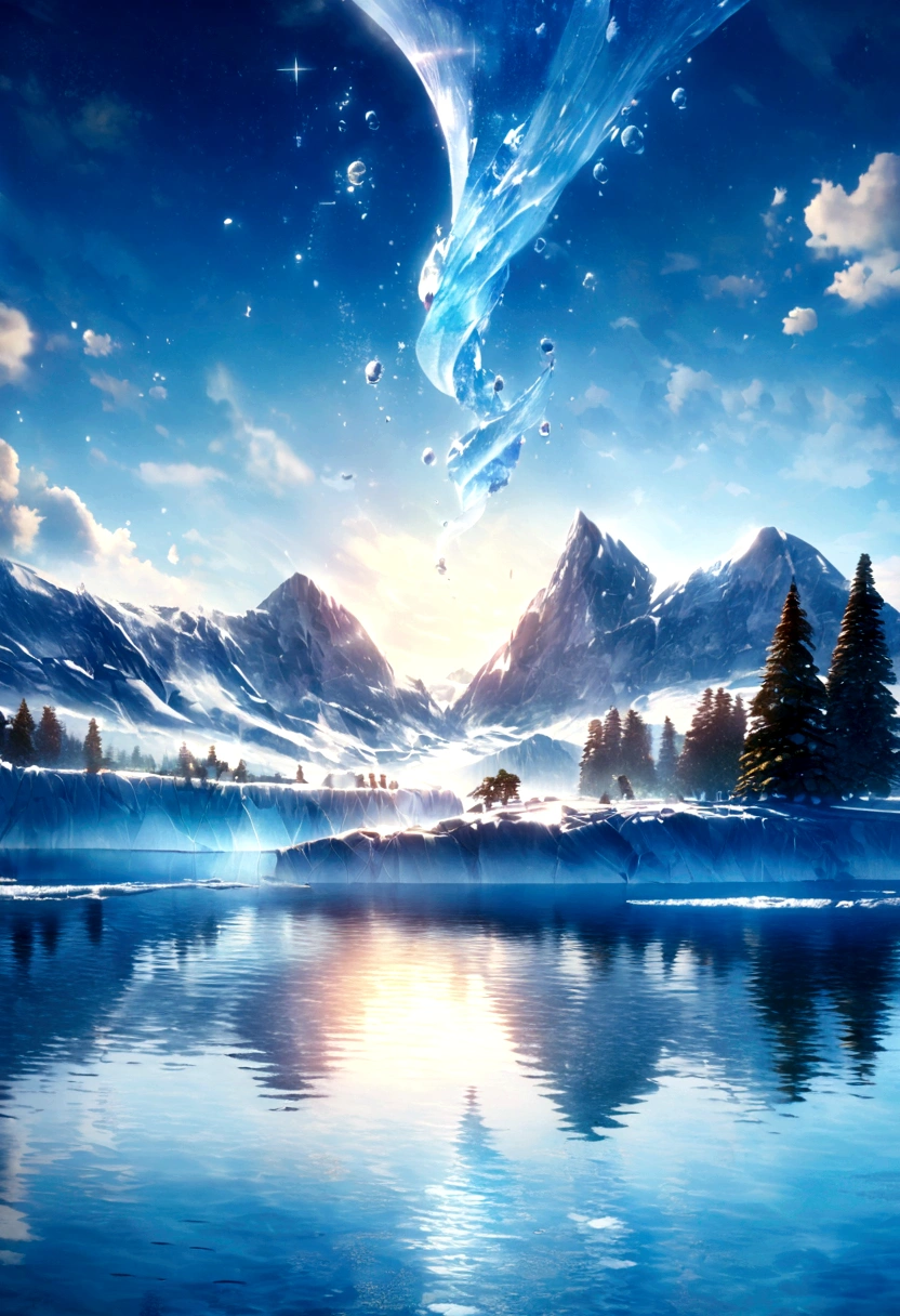 Ultra HD 3D graphics，Showcasing the glacier wishing on the tranquil shores of a lake. glacier, Beautiful rendering details, See the bubbles being blown gently into the air, Everyone has good wishes. Bubbles capture reflections of setting sun, Create dreams, magical effect. The overall atmosphere is mild, Full of hope and tranquility
