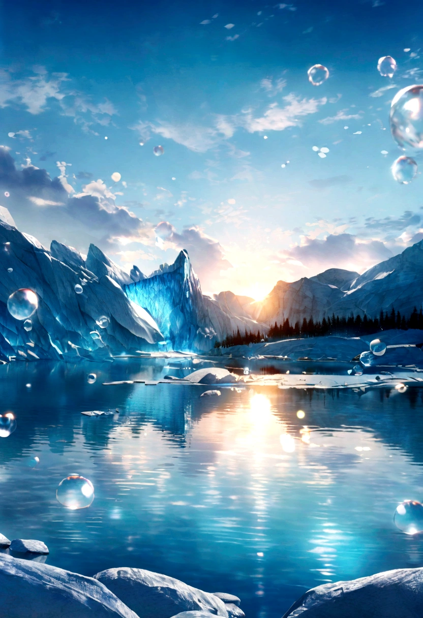 Ultra HD 3D graphics，Showcasing the glacier wishing on the tranquil shores of a lake. glacier, Beautiful rendering details, See the bubbles being blown gently into the air, Everyone has good wishes. Bubbles capture reflections of setting sun, Create dreams, magical effect. The overall atmosphere is mild, Full of hope and tranquility