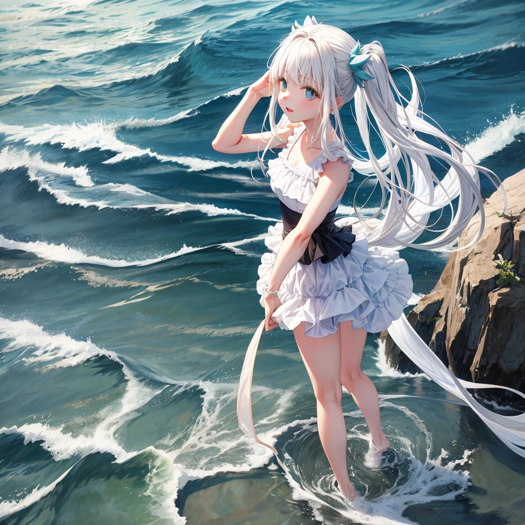 full-body portraits、sleeveless、White-colored skin,seaside，swimsuit，Double tail,