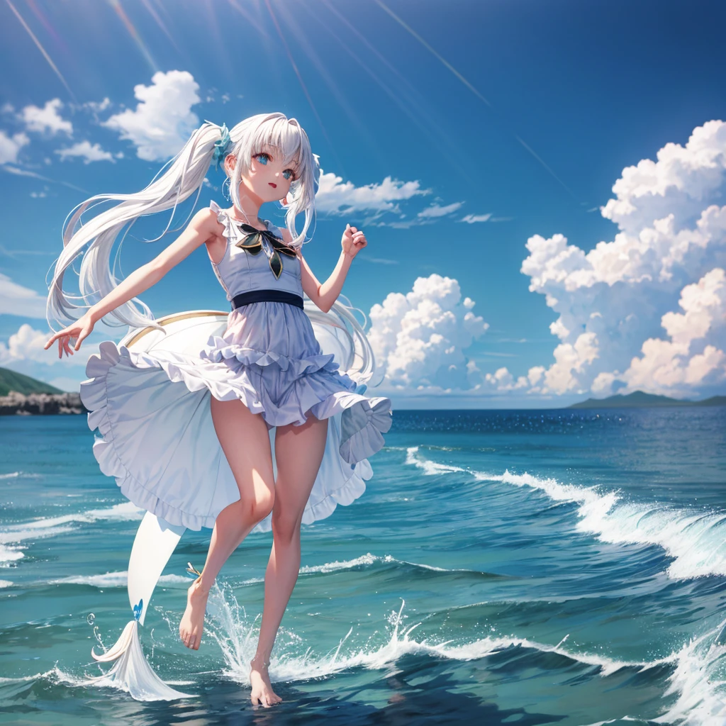 full-body portraits、sleeveless、White-colored skin,seaside，swimsuit，Double tail,