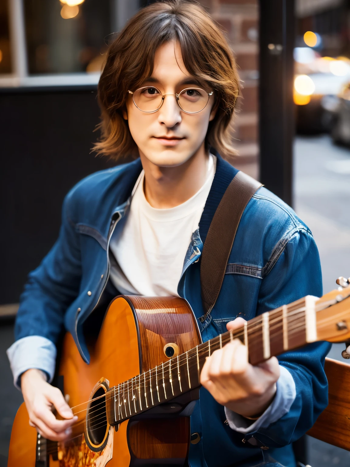 Realistic, 8k Full Length Portrait, good looking, 25-year-old male, Attractive appearance, Facial details, New York Manhattan、((play the guitar:1.2))、John Lennon'Appearance、Face close-up、((Facing forward:1.3)),looking at the camera