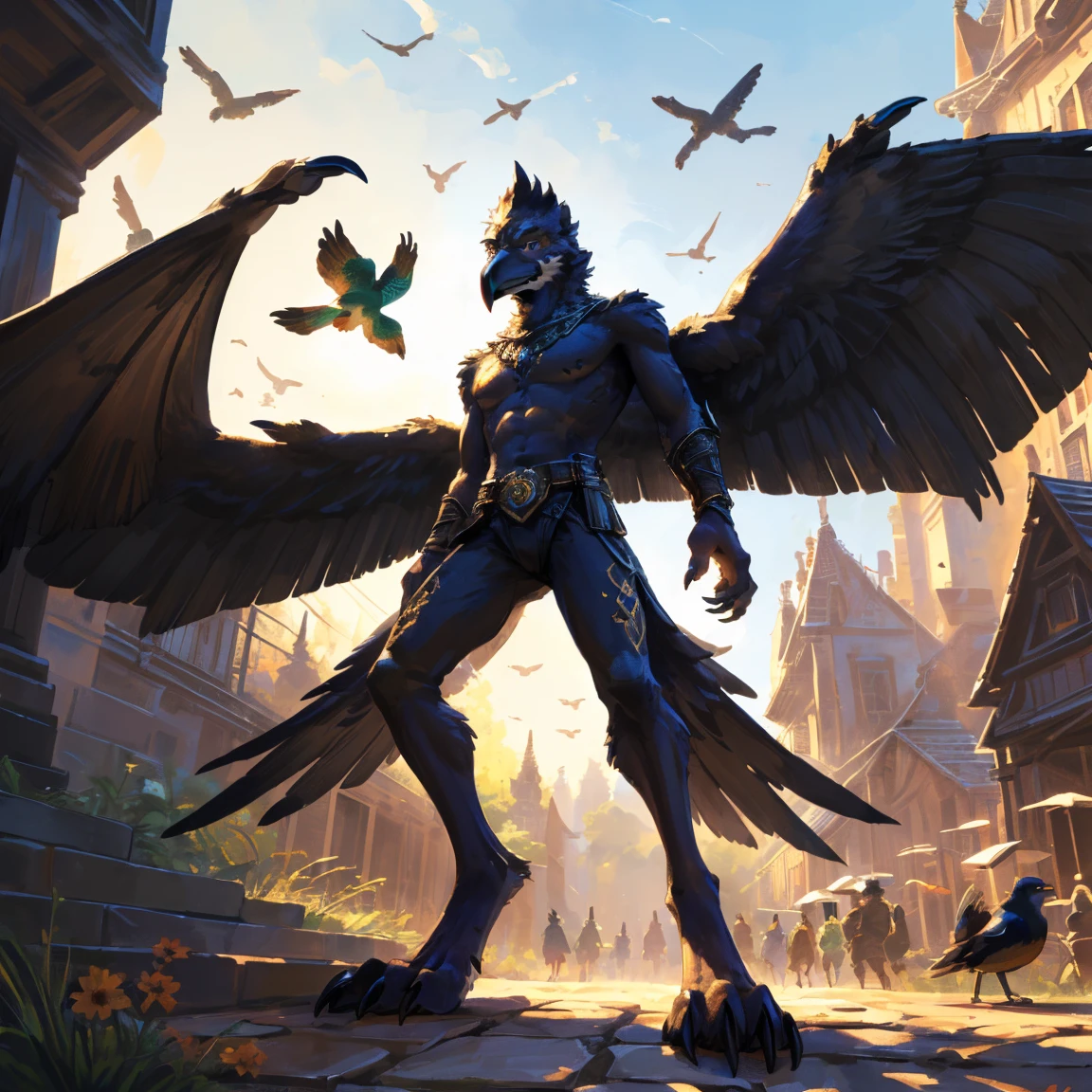 ((middle Ages:1.3)),【High flying background:1.6】,(Royal Family:1.2),sunny,high resolution,4K,【whole body:1.1,Strike a pose:1.5】,masterpiece,high quality,((Griffin)),female,Furry,(teenager:1.3),hairy,((Fierce and vicious:1.4)),(((Lean:1.2,Big Wings:1.3,Bird paws:1.3))),(((Black upper body:1.4))),(((Black Wings:1.3))),(((pupil:1.2))),(((black bird claws:1.3))),(((Long legs:1.3))),Exquisite eyes,Detailed body,Detailed claws,Detailed feet,Kenket's Art