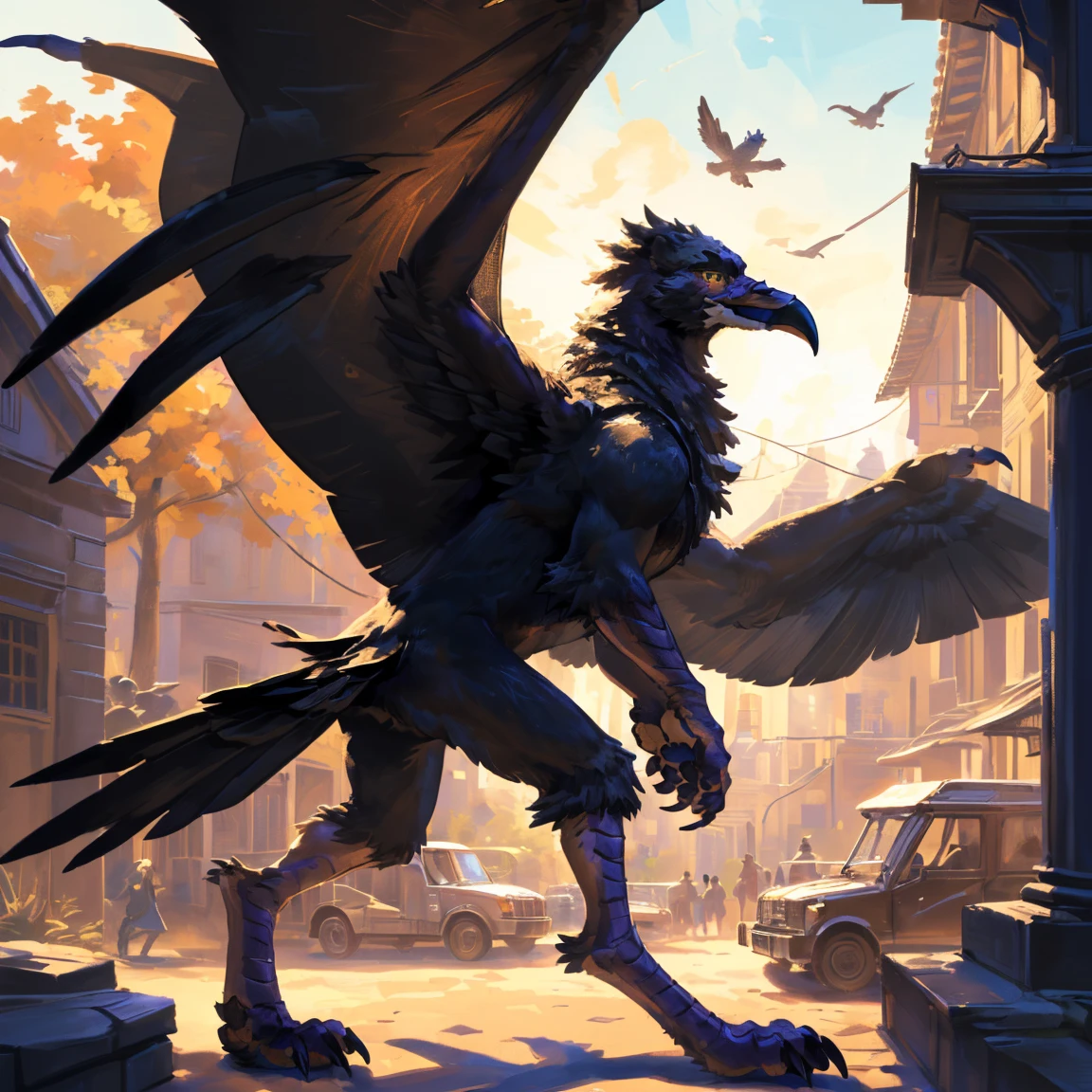 ((middle Ages:1.3)),【High flying background:1.6】,(Royal Family:1.2),sunny,high resolution,4K,【whole body:1.1,Strike a pose:1.5】,masterpiece,high quality,((Griffin)),female,Furry,(teenager:1.3),hairy,((Fierce and vicious:1.4)),(((Lean:1.2,Big Wings:1.3,Bird paws:1.3))),(((Black upper body:1.4))),(((Black Wings:1.3))),(((pupil:1.2))),(((black bird claws:1.3))),(((Long legs:1.3))),Exquisite eyes,Detailed body,Detailed claws,Detailed feet,Kenket's Art