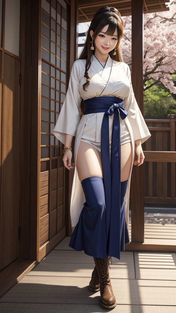 Characters from Japanese folktales adapt to modern culture and create new stories. They incorporate modern values and technology, aiming to merge classical and contemporary elements. 8K , HD, highly detailed, realistic, photography, photo realism, --ar 9:16 -- at 6.0 --s 750,alone, Long Hair, View your viewers, Blonde, Brown eyes, gem, whole body, Realistic, Sexy、Big Breasts 、stockings、clip on earrings,during,bracelet、smile,hakama, boots