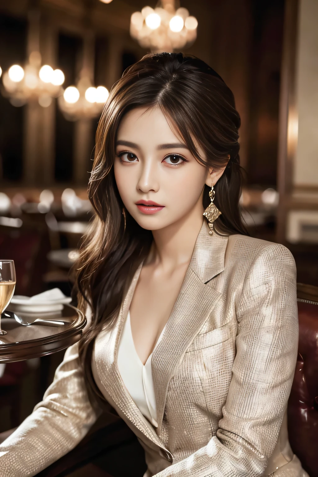 masterpiece, Highest quality, Realistic, Very detailed, Finer details, High resolution, 8k wallpaper, One beautiful woman,Wear a nice suit, In a great restaurant, At night, Light brown messy hair, Perfect dynamic composition, Beautiful and beautiful eyes、Big earrings、Sit on a chair