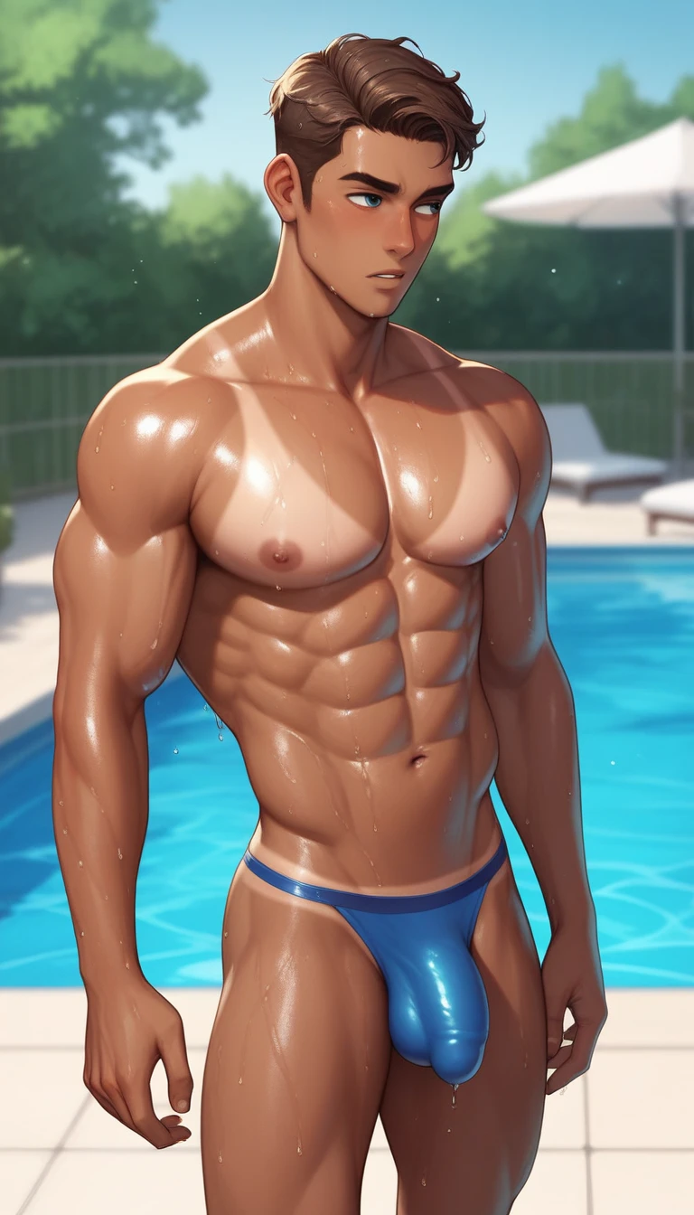 best quality, masterpiece, amazing details, (handsome dark skinned muscular young man with curly brown hair), exaggerated tiny waist, skimpy low rise dark blue thong, lower body only tan line, bulge, penis outline, walking through hotel resort swimming pool, looking away, blank expression, wet body, dripping wet, perfect fingers, no watermark, no logo, no signature