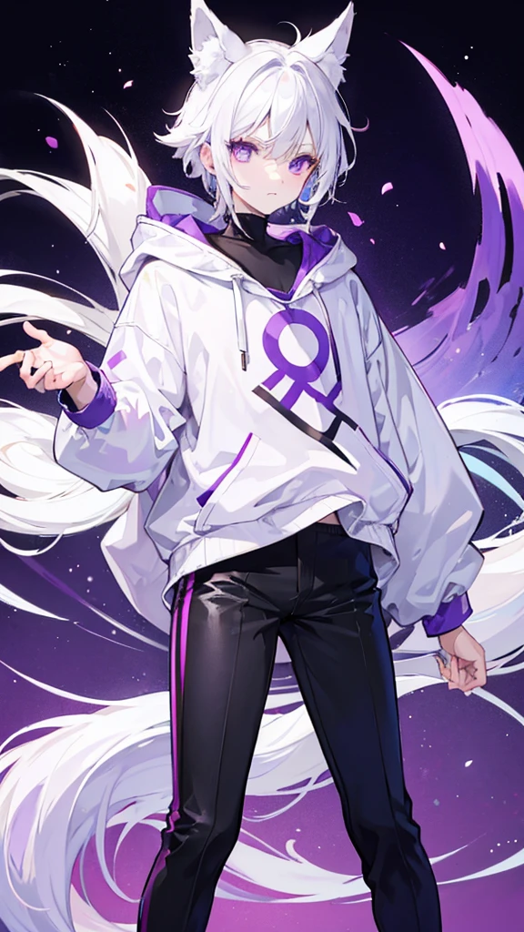 A boy with white hair, fair skin, purple eyes and fox ears and tail, wearing a white sweatshirt and black pants