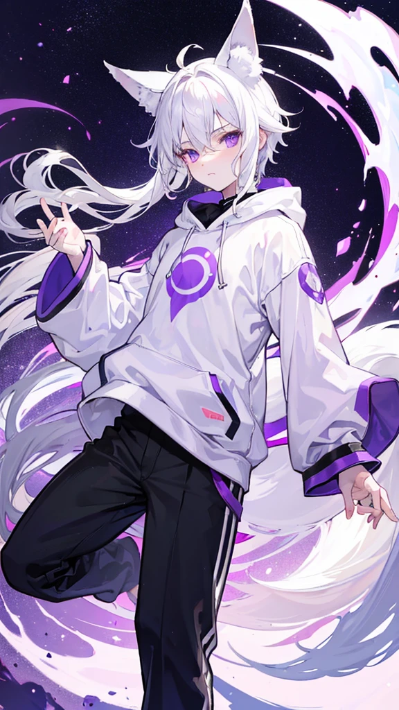 A boy with white hair, fair skin, purple eyes and fox ears and tail, wearing a white sweatshirt and black pants