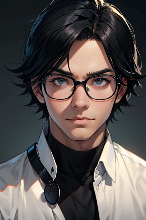 Boy with straight black hair, Round Black Glasses, anime styling