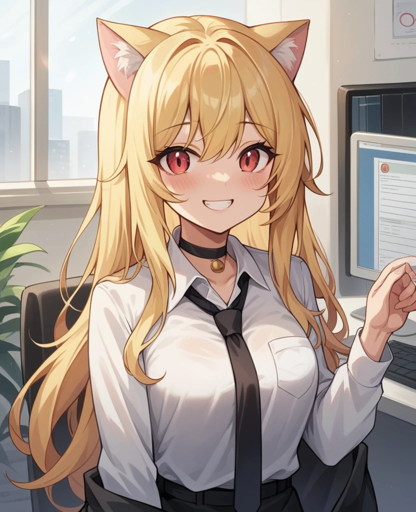 Browsing Caution, masterpiece, (Highest quality:1.2), (Sharp focus:1.2),, 1 Girl, Slim girl,, (blonde|Light_Yellow Hair), Cat ear,, Detailed face, young|Cute face, blush, Wicked Smile,, Natural Breasts, Thin arms,, White collared shirt and black tie, Black Choker,, In a modern office, indoor,beast