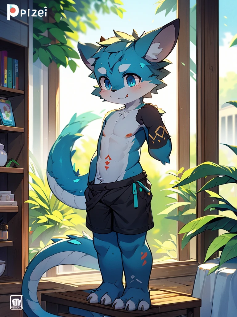 Dark green Chinese dragon boy,Gray fur,Topless, mammal, hairy,Gray Eyes,upscale hotel,goggleoon tattoo,Cover your crotch with your hands,Normal head-to-body ratio