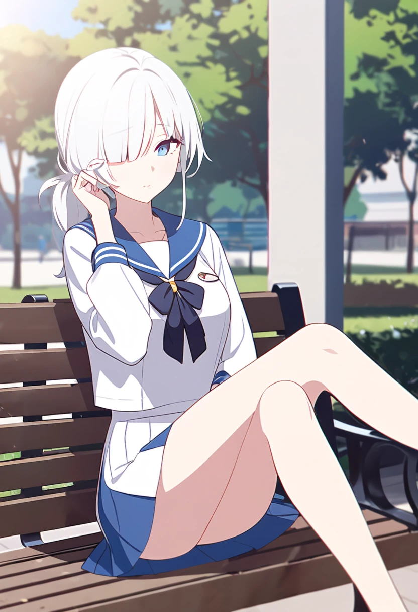 (One tall woman,White Hair,Hairstyle is short ponytail,Blue Eyes,Medium chest,Medium thighs,Woman hiding her right eye with her hair)Sailor suit,Short skirt,Woman sitting on a park bench