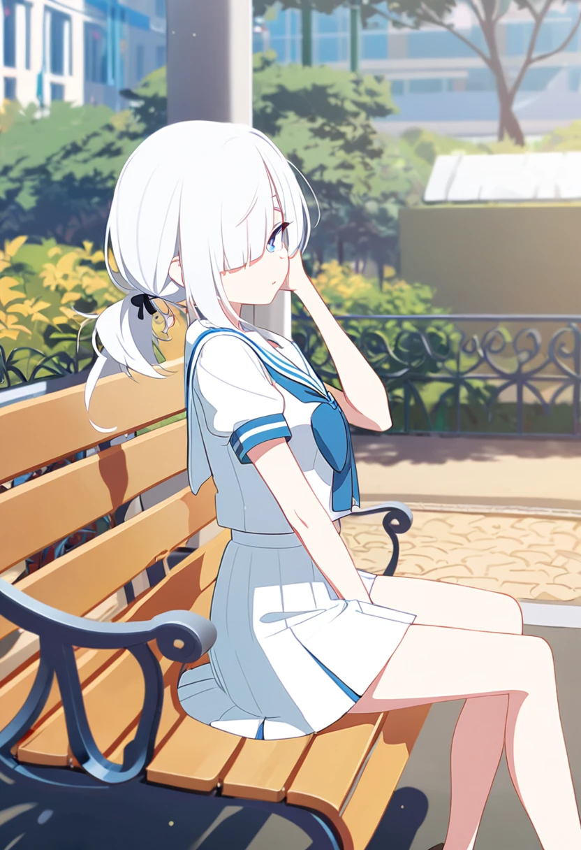 (One tall woman,White Hair,Hairstyle is short ponytail,Blue Eyes,Medium chest,Medium thighs,Woman hiding her right eye with her hair)Sailor suit,Short skirt,Woman sitting on a park bench