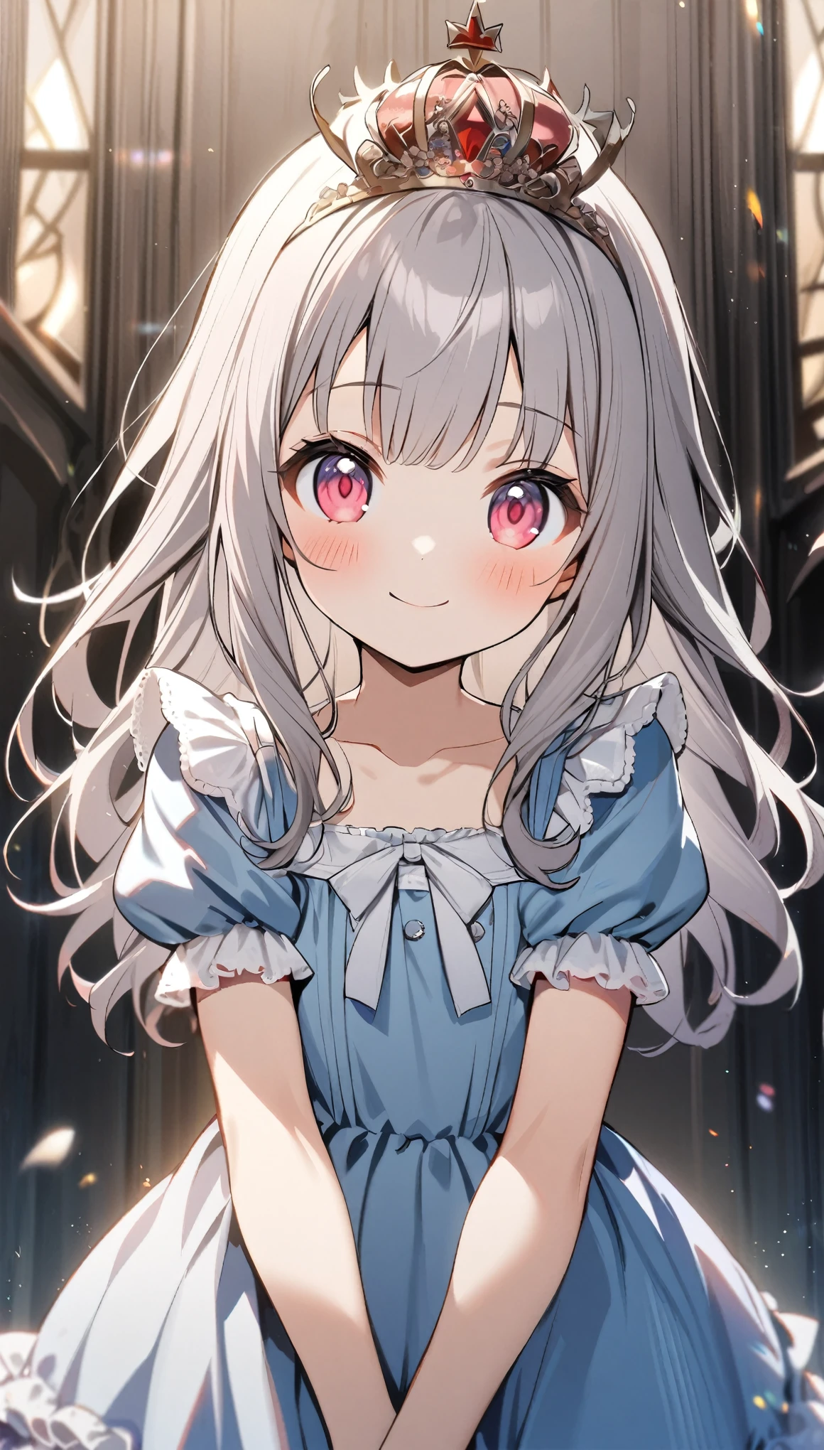 1girl, solo, long hair, looking at viewer, blush, smile, bangs, red eyes, dress, closed mouth, collarbone, short sleeves, grey hair, frills, puffy sleeves, pink eyes, puffy short sleeves, blue dress, frilled dress, tiara, aged down, crown, , v arms