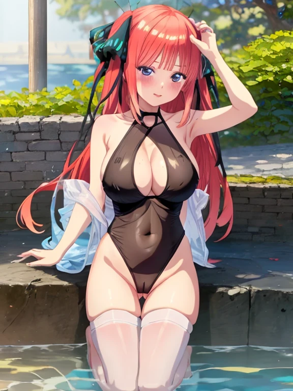 best quality, insanely detailed, nino nakano, breasts, halterneck swimsuit, one-piece swimsuit, See-through swimwear, nsfw, nipple, pussy