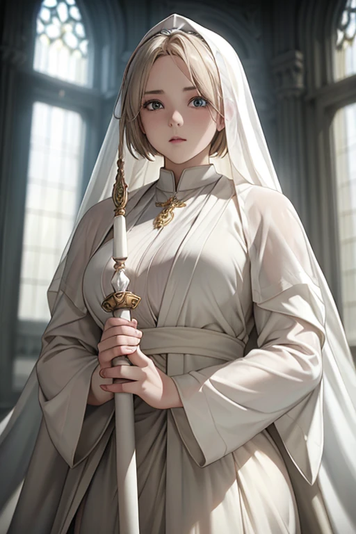 (albino female priest with very short hair, wearing a white veil, wearing a milky white robe, wearing thin and light armor, holding a long holy staff, old castle in the background), (best quality,4k,8k,highres,masterpiece:1.2),ultra-detailed,(realistic,photorealistic,photo-realistic:1.37),intricate details,cinematic lighting,dramatic atmosphere,muted color palette,ornate details,ornate architecture,religious aesthetic