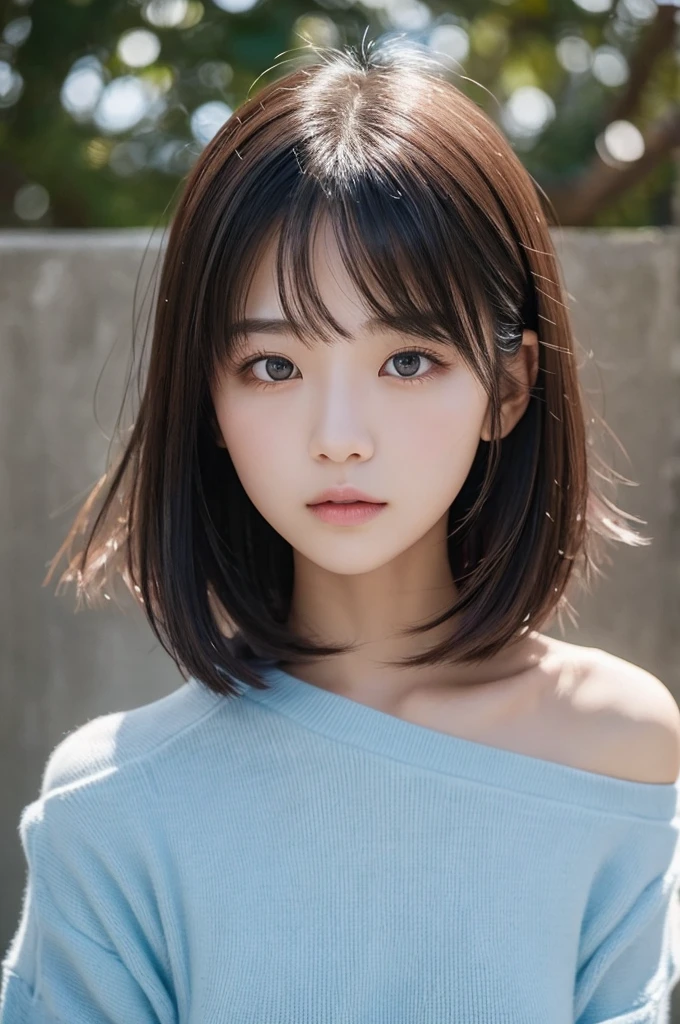 Vertical screen、For full body images、A mysterious and attractive Japanese girl is shown.。She has a dark and serious vibe.、Quietly gazing at me。Her hair is a natural short bob、Her black hair is messy as it flutters in the wind.。Her bangs fell over her face.、The shadows add a layer of mystery to her face.。

Her eyes are big、It seems like there is deep emotion in it.。Eyes are dark、It glows faintly in the light。Her expression is somewhat fleeting.、It gives the impression of being quietly pondering something.。Her slightly parted lips were a pale pink color.、Gives a natural beauty。

She is wearing a white off-the-shoulder、Her simple and calm outfit makes her presence stand out even more.。It contrasts with the cool overall color scheme.。Her outfit is simple.、Her simplicity enhances her beauty.。

The background is a pale blue-grey、It is simple with no decoration whatsoever.。This simple background、Highlighting her presence、The whole place exudes a tranquil atmosphere.。The background color is cold and quiet.、The contrast between her hair color and the white of her outfit is emphasized.、Makes a visual impact。

from her appearance、You can feel the fleeting moment and the strong presence at the same time.。Her beauty is delicate、
Overall、This image is a mix of tranquility and mystical beauty.。Her fragile expression and simple outfit、And the inorganic color tone of the background blends in.、It gives a deep impression to the viewer。Her appearance is、It&#39;s like a momentary illusion in a dream、Its transience enhances its beauty even more.。
