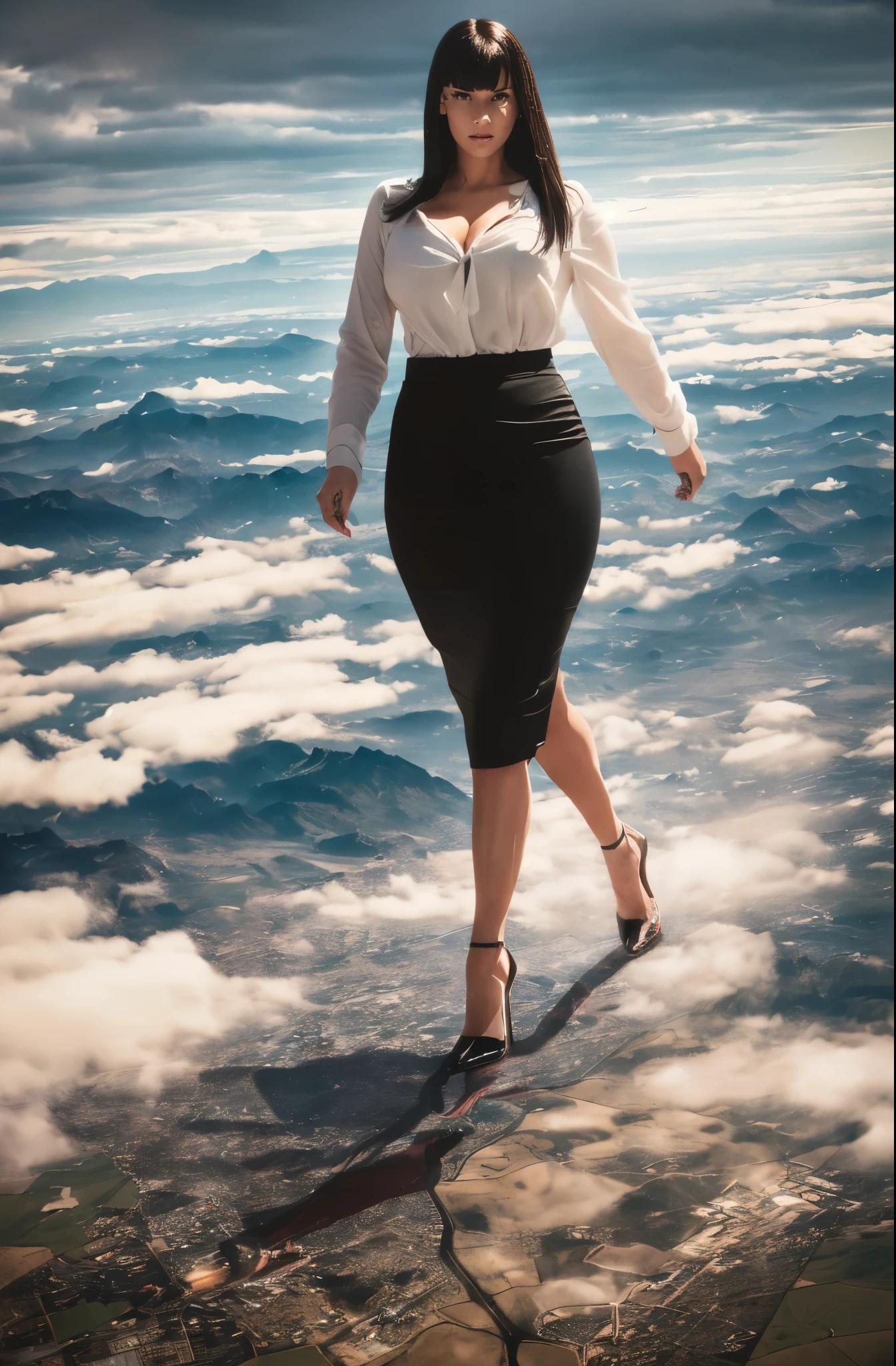 Uma Thurman, (masterpiece, best quality, best shadows, best shading, perfect hands, perfect face, cinematic lighting, colorful, ultra-detailed, beautiful photography, character focus, extremely-detailed, photorealistic, hyper photorealism, atmospheric), (rural destruction:1.7), (giantess, stereotypical office worker), (dirty, filthy, unwashed, sweaty, unkempt, angry, tired, exhausted, annoyed), (walking, mid stride, stepping down on, stomping, crush, rampage), (black patent Louboutin pointed toe pumps, high heels, stiletto heels), ((revealing crisp white blouse, short black pencil skirt)), ((long straight hair with front bangs)), (high altitude photography, satellite view), (curvy, exposed cleavage, heaving bosom, legs), (urban sprawl, farmland and small towns, destruction, buildings, roads), (((cloudy, overcast, clouds and atmosphere partly obscuring the subject, hazy atmosphere, haze in foreground, wispy clouds)))