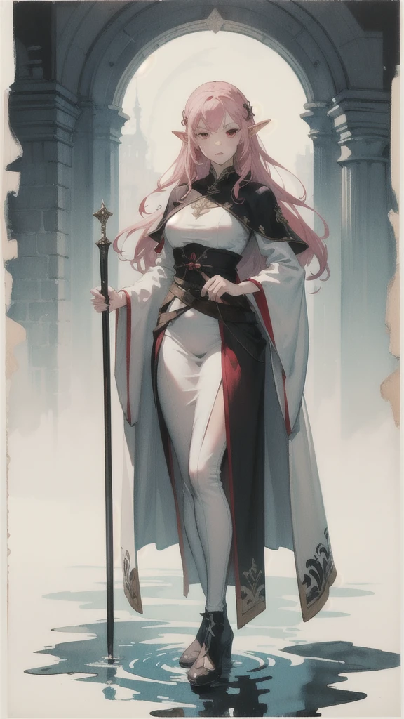 realisitic,best qualityer,(work of art:1.2),absurderes,(1 girl, standing alone),water colour,A beautiful woman,retrato de meio corpo, , glossy design,(inking:1.3), white medieval clothing,gazing at viewer, female elf, Pink long hair, Red eye 
