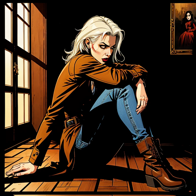 (suspense dinner ((conceptual artwork)), extremely detailed with a girl wearing jeans with a brown coat and boots), (better lighting, best shade, extremamente delicado e scaredr), (Digital illustration), ((4k pintura)), [(dynamic angle,((1 girl)),White hair, (beautiful  face, face perfect, scared,) expression of fear, torn garments, a gun in hand, sitting on the floor, tenebrosaness, casa scaredra),  [:(tenebrosa, uncanny, game painting, sinister scenario, uneven corridors, mansion, deadly silence):]