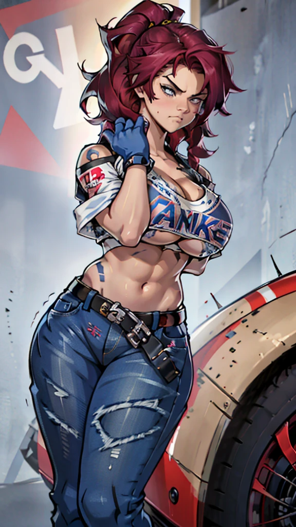 High detailed, 1 woman, solo, large hairstyle, muscled, thicc body, Lenon colored eyes, angry face, busty, punk clothes, BLUE finger-gloves, medium woman