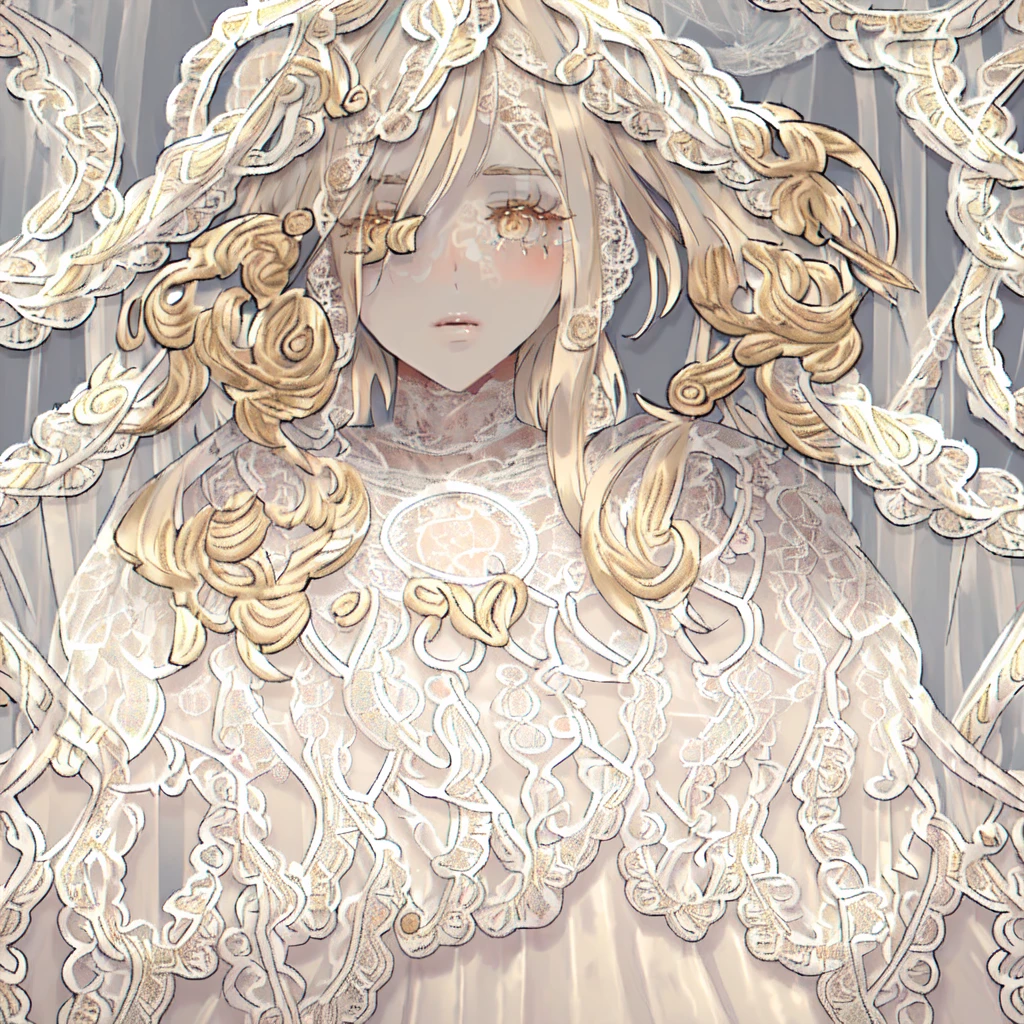 (((masterpiece, high quality))), One girl, Angel Girl, (((wing))), (Gold and white feather), Celestial, Demon Realm Background, (((Two Tone Split Hair Color))), ((Very long curly hair)), Angel Dress,(Intricately detailed lace dress:1.8),Fine jewellery with exquisite detailing:1.5,Waist Accessories:1.5,