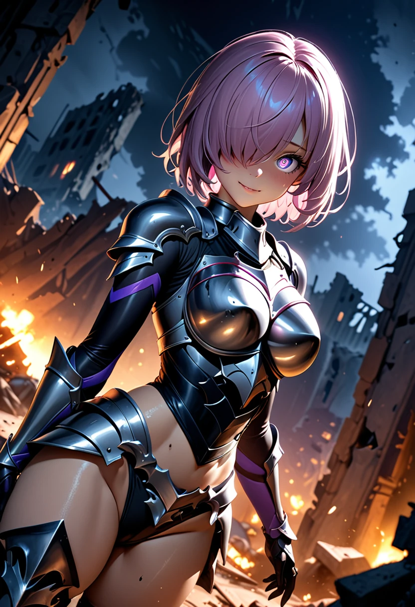 (masterpiece, top quality, best quality, beautiful and aesthetic:1.2), full body, extremely detailed, detailed face and eyes, cinematic light, depth of field, 1girl, seducing smile, solo, official, (armored knight:1.4), dark armor, mash kyrielight, light purple hair, short hair, hair over one eye, slim body, cinematic lighting, dramatic lighting, dramatic atmosphere, hyper-realistic, high resolution, stunning contrast, high quality, best quality, 8k, 4k, intricately detailed, (amazing details:1.2), highly detailed skin, powerful presence, vibrant colors, (detailed eyes:1.2), striking eyes, (detailed background), (warzone on background, night, ruins), (dynamic angle:1.2), (dynamic pose:1.2)