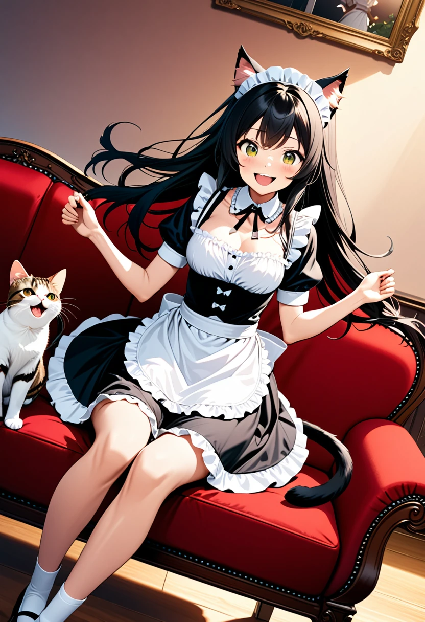 detailed illustration, dynamic angle, ultra-detailed, illustration, 1girl, medium breasts, sitting on a red velvet couch, catgirl, cats, black hair, long hair, cat ears, cat tail, french maid outfit, smiling, happy, eager, loving,