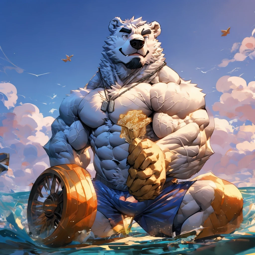  One tall Polar Bear with big muscular body shirtless and topless with light blue shorts and a dog tag on his neck, veiny, flexing