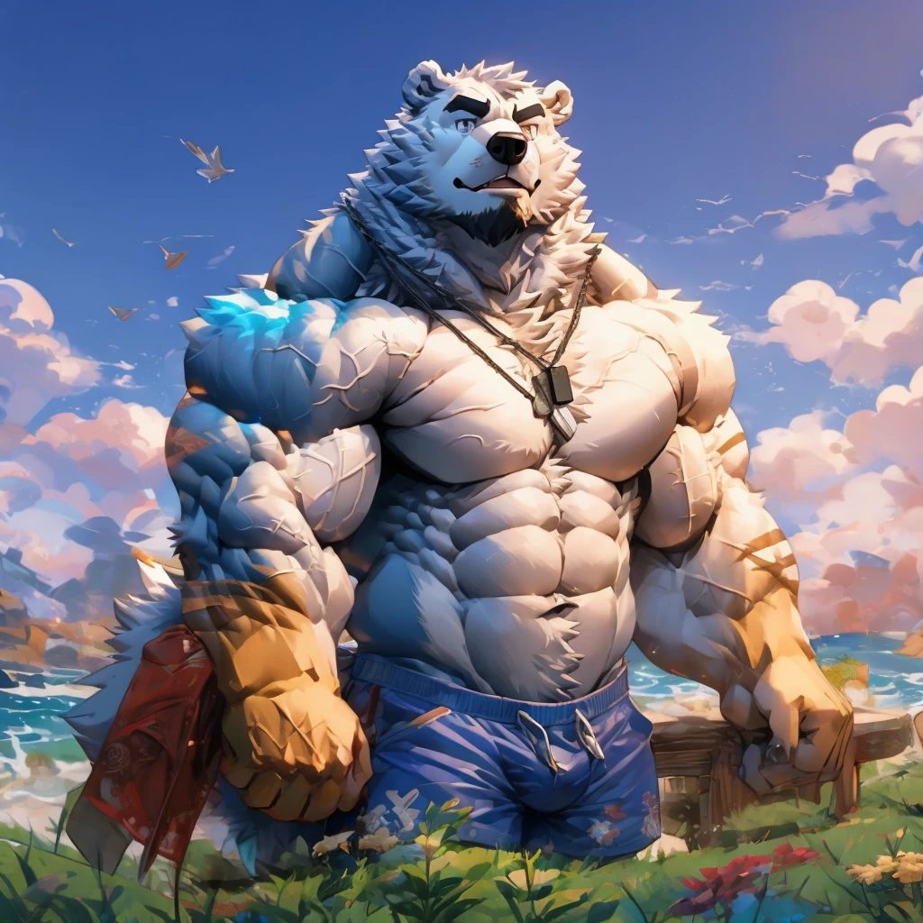 One tall Polar Bear with big muscular body shirtless and topless with light blue shorts and a dog tag on his neck, veiny, flexing