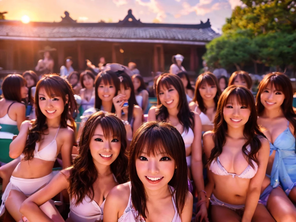 Close-up、masterpiece, 4K, Bokeh, , Beautiful girls, Group photo, Harem, Multiple Girls, (Japanese Idols:1.6), Bob Hair, close, classroom, sunset, Looking at the audience, Cowboy Shot