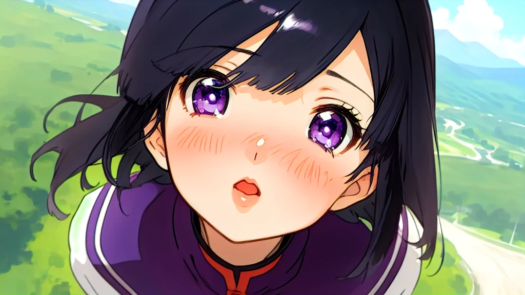 woman、One person、Anime Style、blush、Mouth open、valley、Looking up、Dark purple eyes、Black Hair