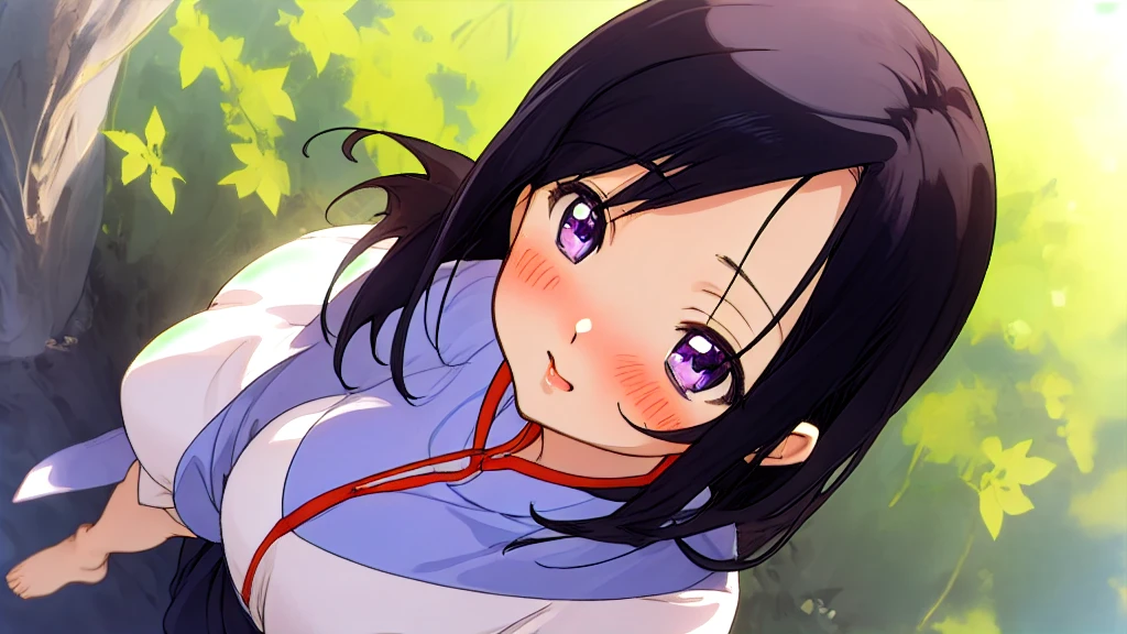 woman、One person、Anime Style、blush、Mouth open、valley、Looking up、Dark purple eyes、Black Hair