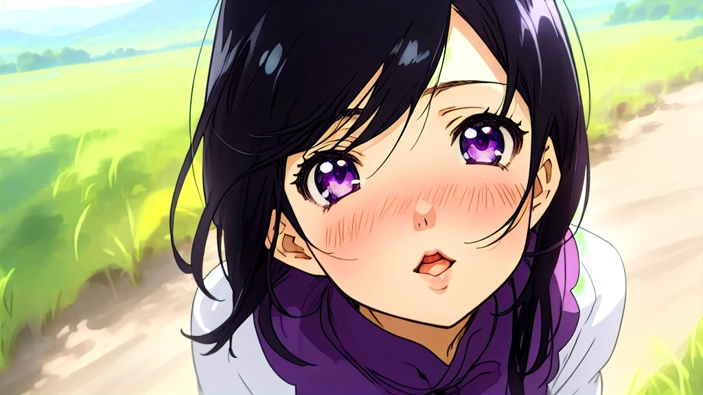 woman、One person、Anime Style、blush、Mouth open、valley、Looking up、Dark purple eyes、Black Hair