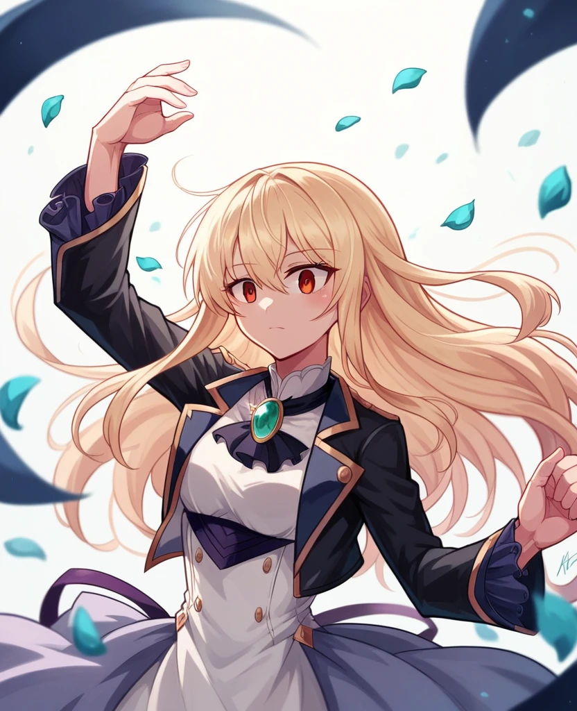 (Dynamic Angle:1.3),Extreme close up,the wind is strong,映画ofハイライト,1人of女of子,Upper Body,dancing,View your viewers, violet_Evergarden, alone, jewelry, blank eye,brooch, blonde_hair,( vevry long hair:1.2),floating hairlong_sleeve, ribbon, green_eye, Jacket, dress, gem, hair_ribbon,null, depth_of_Field, a close view of flying petal,
