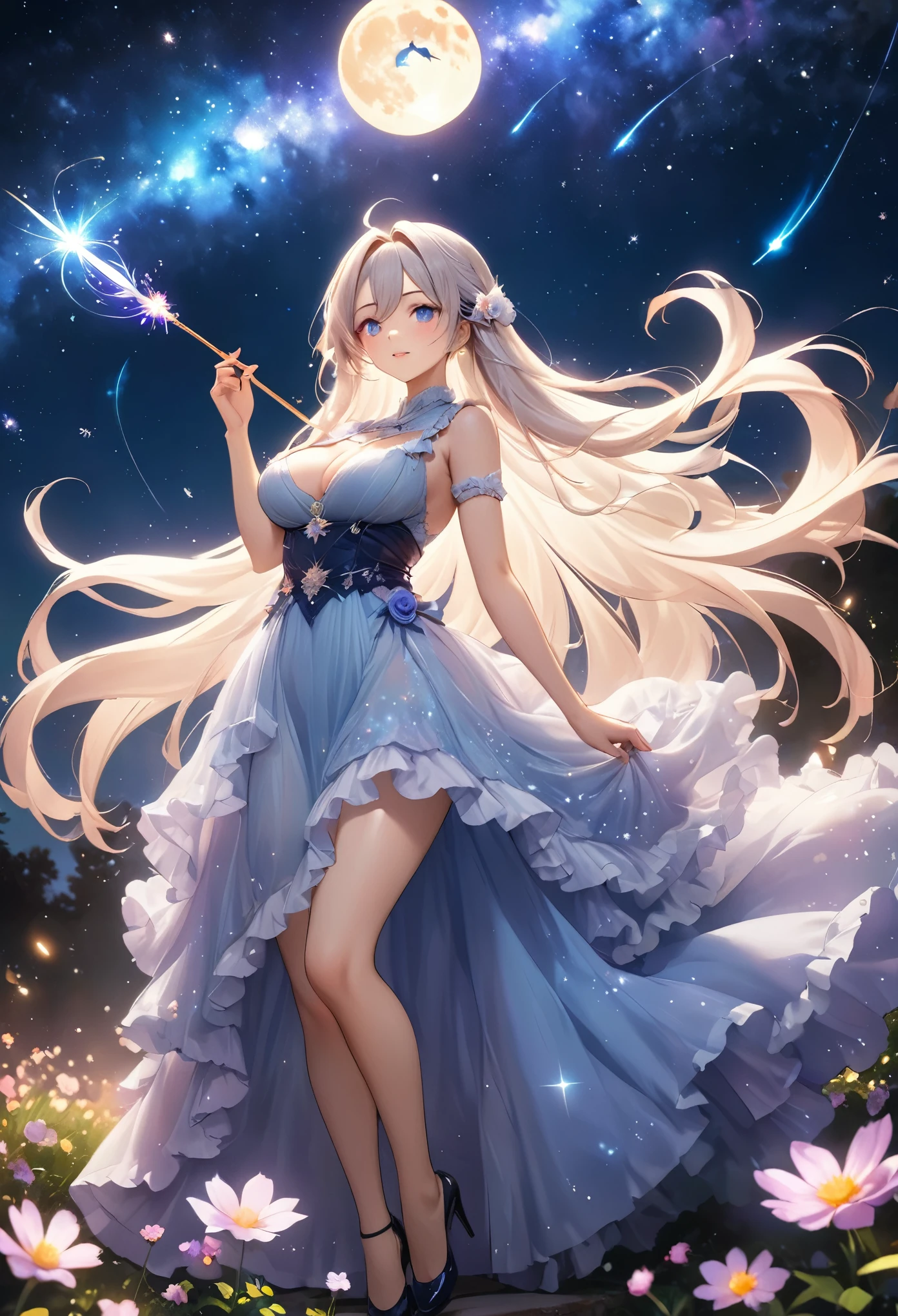 Highest quality, Super quality, 16K, Incredibly absurd, Very detailed, 2.5D, delicate and dynamic, Small faint lights and flying fireflies, night, Starry Sky, milky way, nebula, shooting star, Flowers, birds, wind and moon,erotic, sole sexy lady, healthy shaped body, 22 years old lady, White Devil Guide, 170cm tall, huge firm bouncing busts, Delicate eye depiction, Colorful magic wand, A long dress with a complex structure, A colorful long dress, frilly see-through long dress