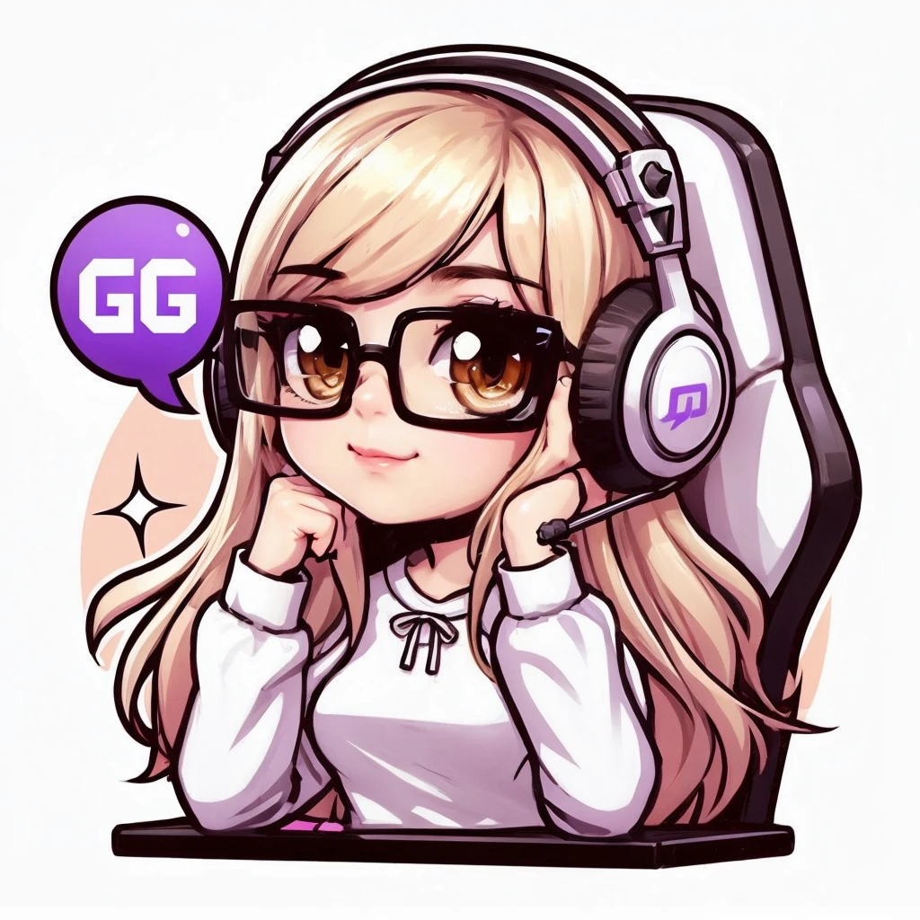 avatar of a blonde girl with long hair, brown eyes, black square glasses, sitting in a white gamer chair