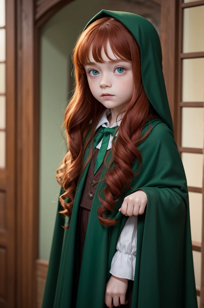 A 6--old king like Sadie Sink at Hogwarts with the Slytherin cape with the hood covering half of the fairy and making her red hair very shiny, which is big wavy and her dark green eyes are very dark in the background and she is covering herself with the hood on like he was scared