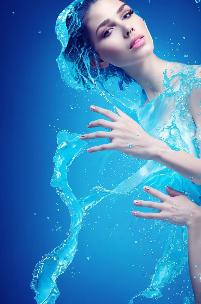 Full body of a young woman wearing a blue and ice liquid splash dress, pretty face, detailed eyes, soft lips, floating in outer space and planets in the background, fluid, wet, dripping, waxy, smooth, realistic, octane render,(((perfect_hands, perfect_fingers)))