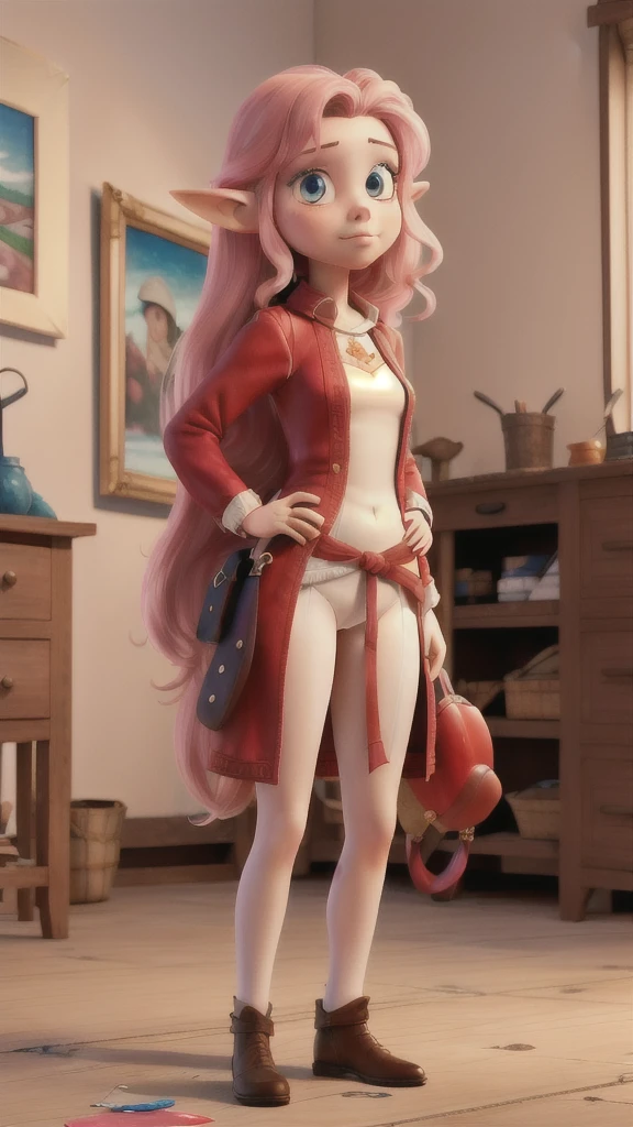 realisitic,best qualityer,(work of art:1.2),absurderes,(1 girl, standing alone),water colour,A beautiful woman,retrato de meio corpo, , glossy design,(inking:1.3), white medieval clothing,gazing at viewer, female elf, Pink long hair, Red eye