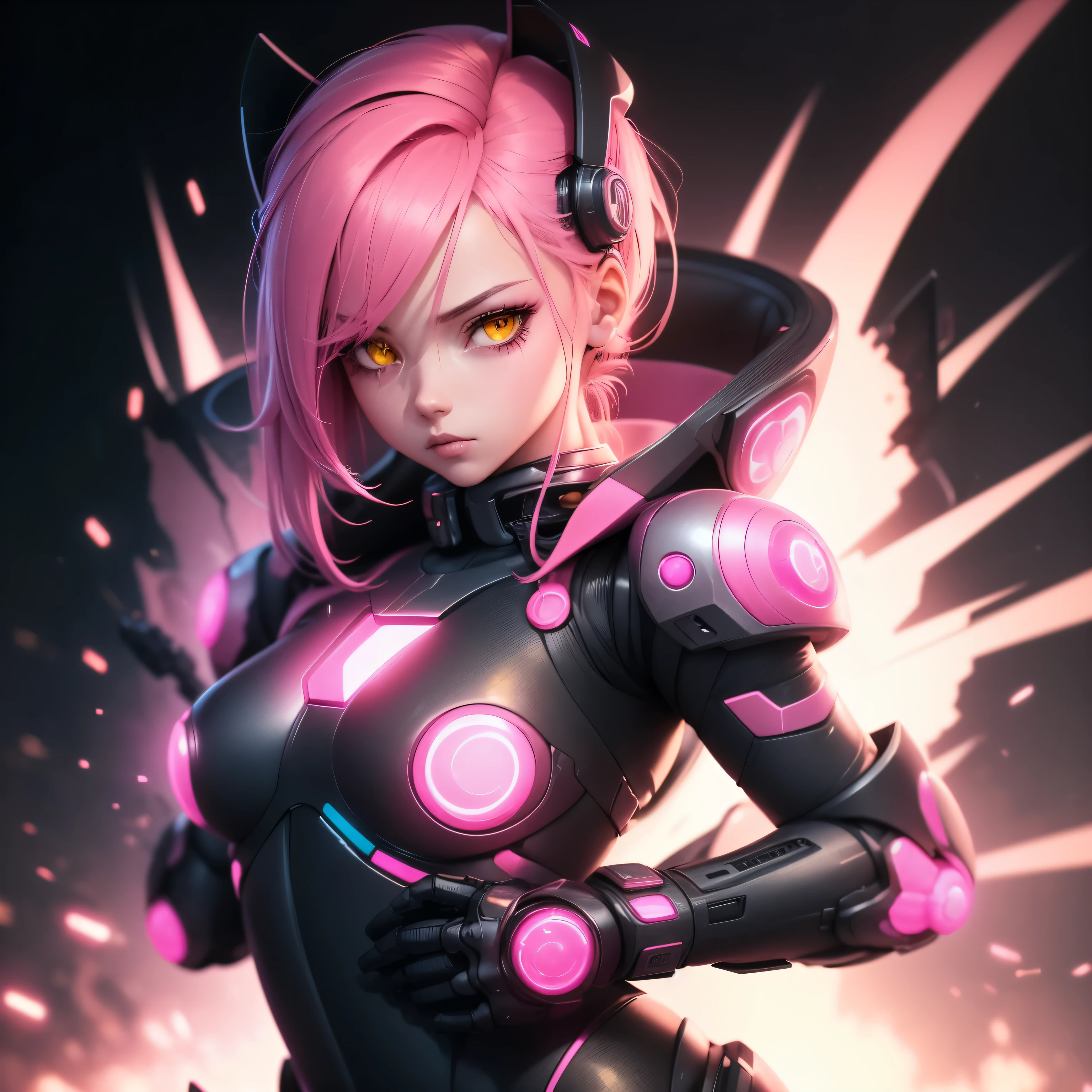 Robot Girl Android with pink hair in a pink suit with small yellow elements half cyborg modification Sad Beautiful sexy with yellow eyes stands half-turned sideways Sadness in the eyes Anime Style black background Cyberpunk style, Sexy thighs, black background image of night black city and pink neon lights