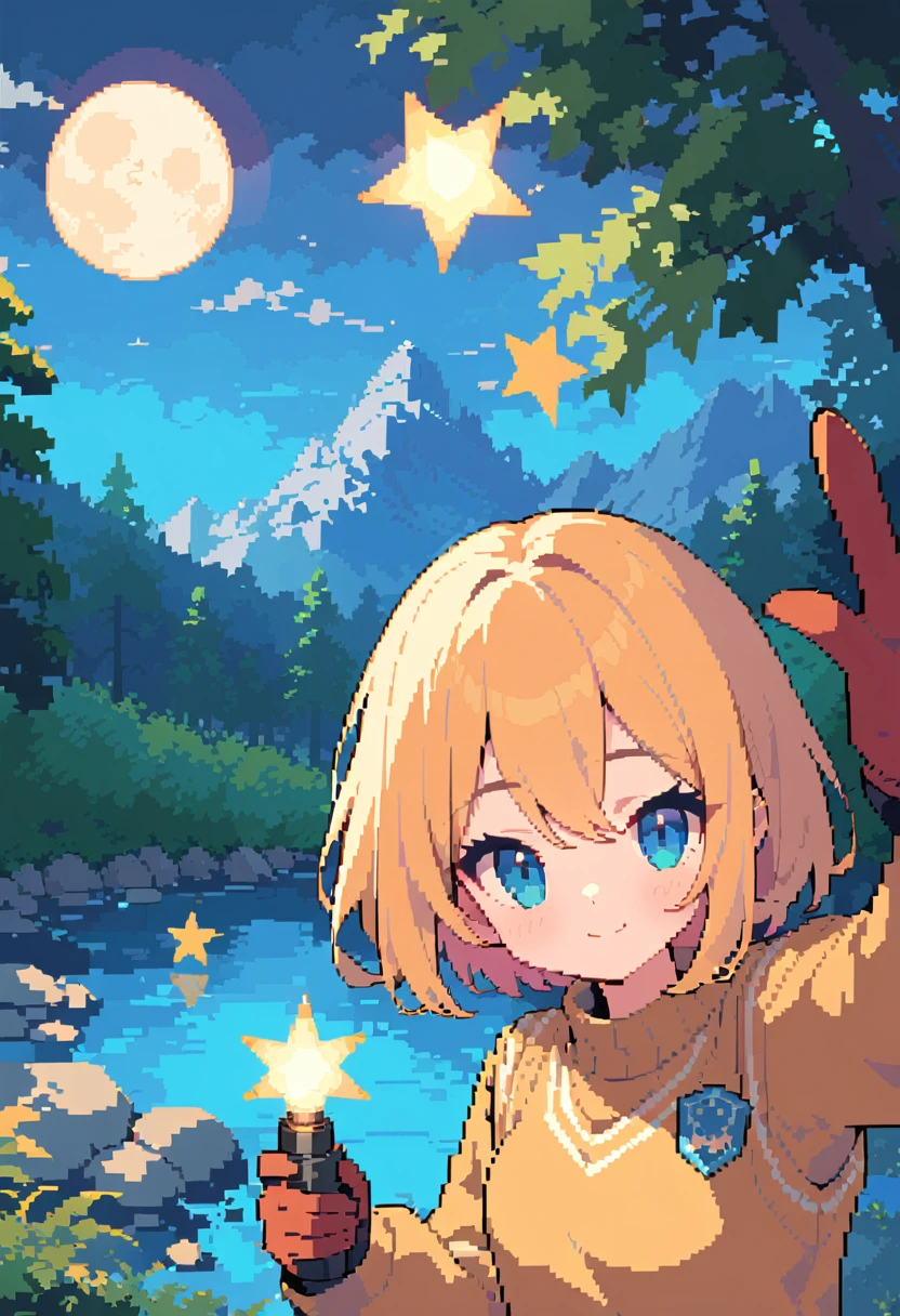 pixel art, Veronica Cipher ((Upper body selfie, hapiness)), masterpiece, top quality, Ultra-detailed, alone, outdoor, (night), Mountain, nature, (Star, moon) hapiness, hapiness, Gloves, sweater, have, flashlight, forest, rock, river, wood, smokes, shadow, Compared, clear sky, analogy style (view viewer:1.2) (Texture) (film grain: 1.3), (Warm colors, Warm colors): 1.2), close up, film light, Side light, ultra high resolution, vest shadow, raw, Wear a jumper, Kodak Vision 3,