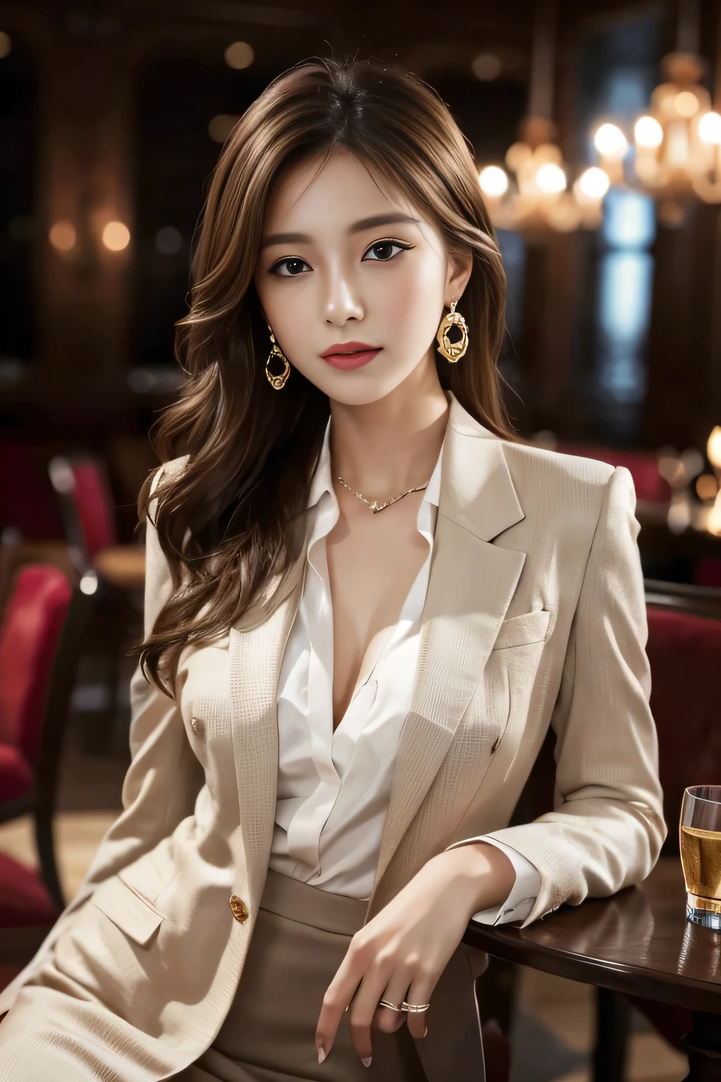 masterpiece, Highest quality, Realistic, Very detailed, Finer details, High resolution, 8k wallpaper, One beautiful woman,Wear a nice suit, In a great restaurant, At night, Light brown messy hair, Perfect dynamic composition, Beautiful and beautiful eyes、Big earrings、Sit on a chair
