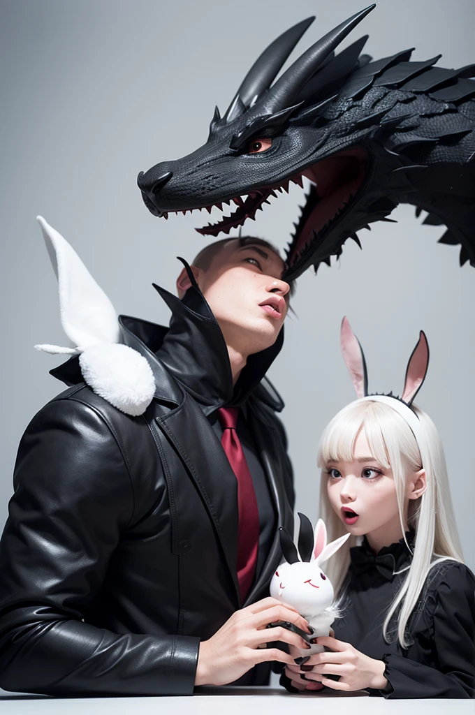 An anthropomorphic black dragon swallowing an anthropomorphic white rabbit