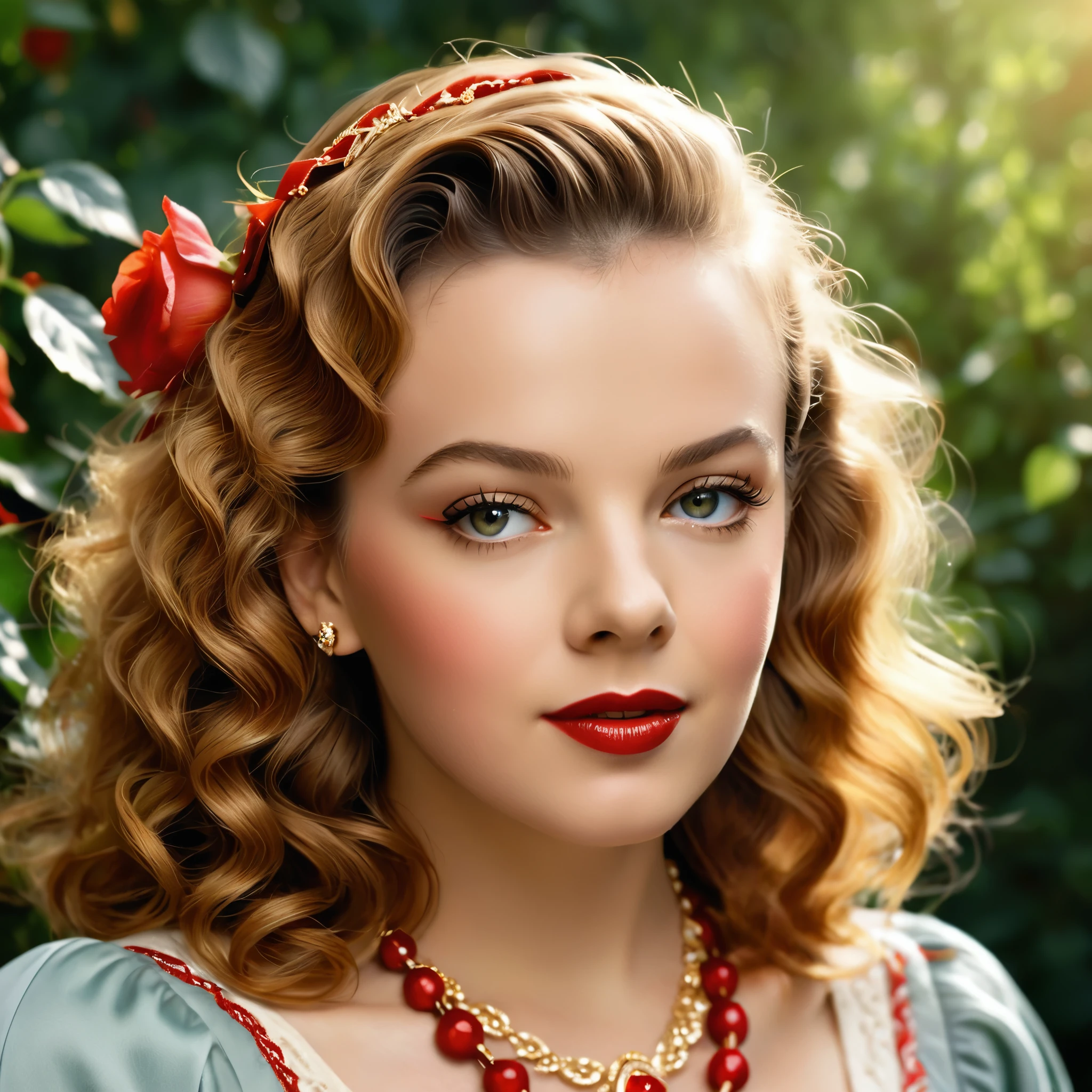 Create a highly detailed and realistic portrait of a young Judy Garland with long, wavy Strawberry blonde hair adorned with red roses. She has striking, expressive eyes and a calm, composed expression. She is wearing a vintage-style outfit with a necklace featuring a pendant. The background is a soft-focus natural setting with warm, dappled sunlight filtering through the leaves, enhancing the serene and romantic atmosphere. The style should be hyper-realistic with a touch of romanticism. Photo Realistic photo, vibrant colors, 16k