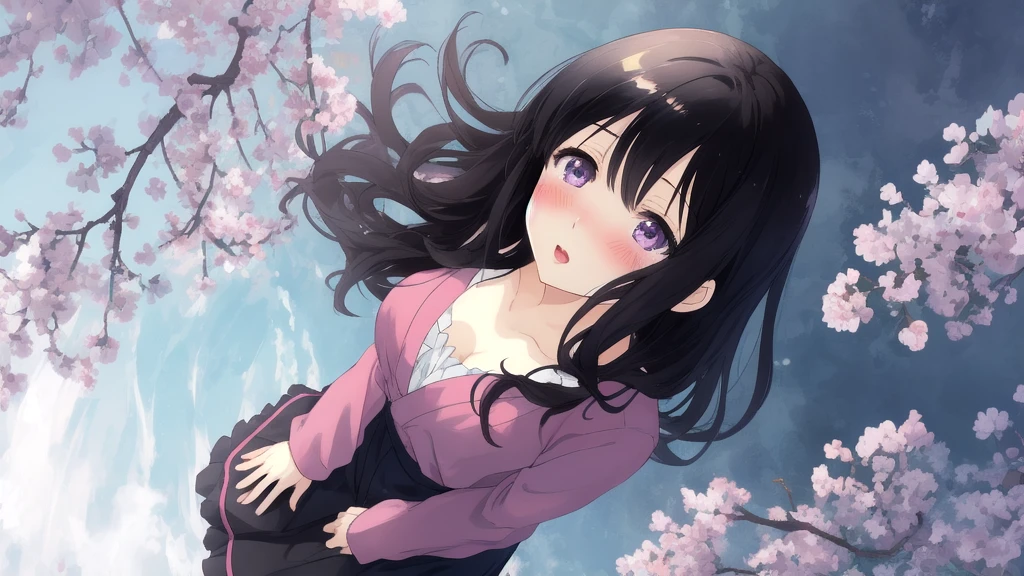 woman、One person、Anime Style、blush、Mouth open、valley、Looking up、Dark purple eyes、Black Hair
