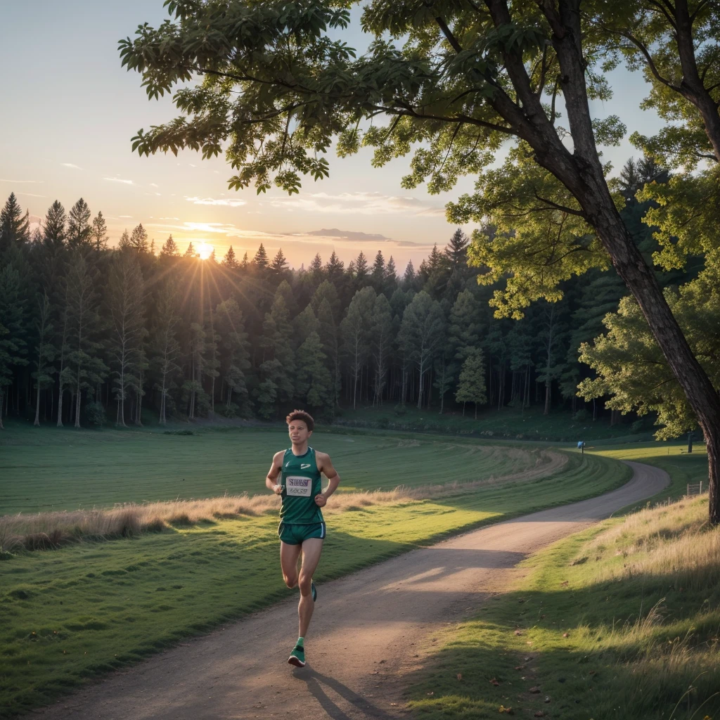 A marathon athlete running in a park with forest and green lawn in the background, a beautiful lake and sunset