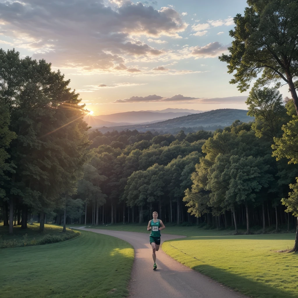 A marathon athlete running in a park with forest and green lawn in the background, a beautiful lake and sunset