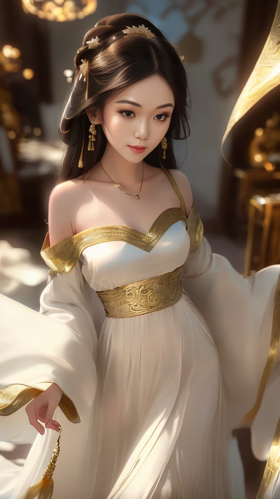 Girl in traditional Chinese clothing, Hanfu, Guzhen Hanfu women, gold Hanfu,(long straight black hair:1.5), black eyes, black bun hairstyle, hair accessories ,white diamond earrings, Bangle Diameter, Dia Necklace, Clear eyes, Facing forward,put on makeup, Long eyelashes ,(gold long shoulder coat:1.5), (Very long skirt, white:1.5), ((Whole body)), ((from below)), Clear face, , (Very beautiful face, Beautiful mouth, beautiful eyes), detailed face, ((Ultra-fine skin)), In the dark, deep shadows, an ancient Chinese girl (Very slim figure 1.3) ,Plump breasts, elegant posture ,(palace in the sky:1.5),